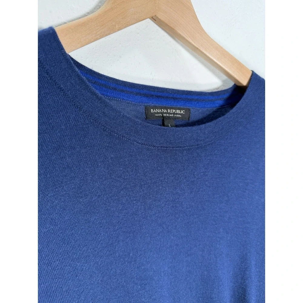 Banana Republic Sweater Mens 100% Merino Wool Blue Crew Sz Large Classic Preppy